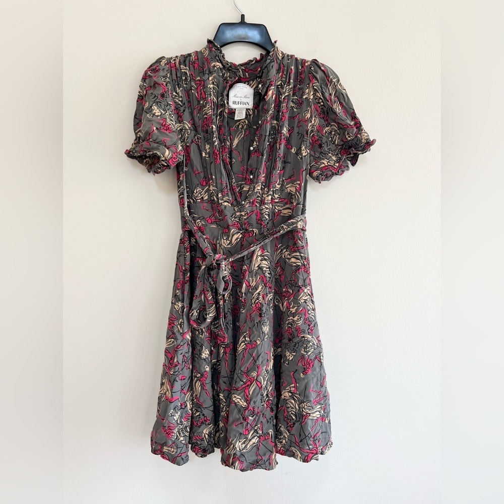 Anthropologie Vtg 2009 Button Front Short Sleeve Silk Dress Belt Pockets Gray, 6 - Picture 2 of 10